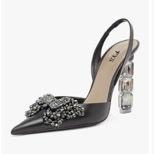 FYS Black Pointed Toe Slingback Sandals Crystal Rhinestones D'Orsay Pumps